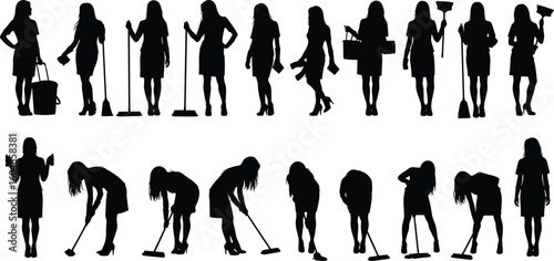 Silhouette of women performing household cleaning tasks, sweeping, mopping, using bucket and tools, domestic chores, black vector illustration design
