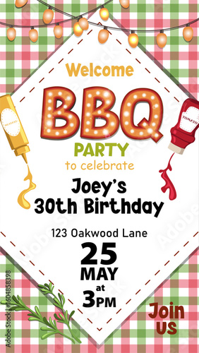 Fun summer barbecue party invitation template. Vertical vector illustration. BBY party poster.