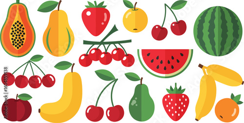 A vibrant collection of fresh cartoon fruits and vegetables, including apples, cherries, strawberries, oranges, pears, bananas, lemons, plums, pineapples, watermelons, kiwis, and berries