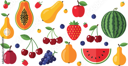 A vibrant collection of fresh cartoon fruits and vegetables, including apples, cherries, strawberries, oranges, pears, bananas, lemons, plums, pineapples, watermelons, kiwis, and berries