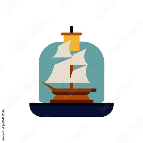 sailing ship in a glass bottle on wooden base isol
