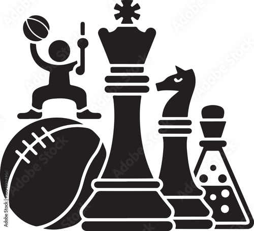 Sports and Chess Pieces with Laboratory Flasks black white