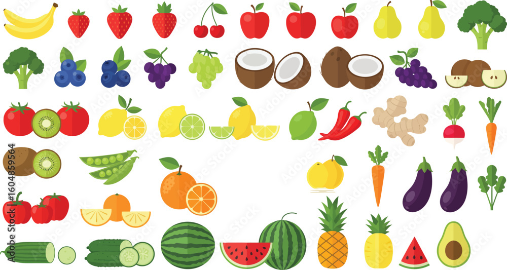 Obraz premium A vibrant cartoon vector illustration set depicts fresh, healthy food icons like red apples, green peppers, carrots, and orange pumpkins