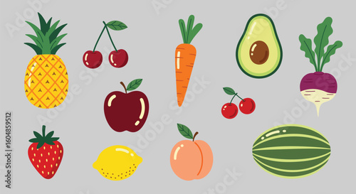 A vibrant vector set illustrating a healthy collection of fresh fruits and vegetables like apple, carrot, cucumber, and strawberry