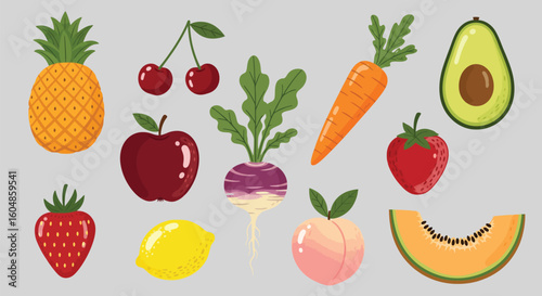 A vibrant vector set illustrating a healthy collection of fresh fruits and vegetables like apple, carrot, cucumber, and strawberry