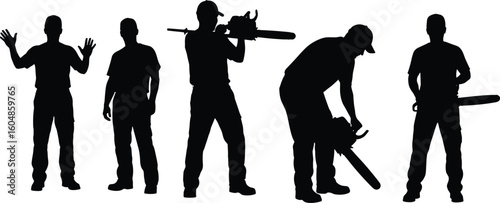 Silhouettes of chainsaw workers in action, wearing safety gear, industrial equipment use, tree cutting poses, black vector illustration design