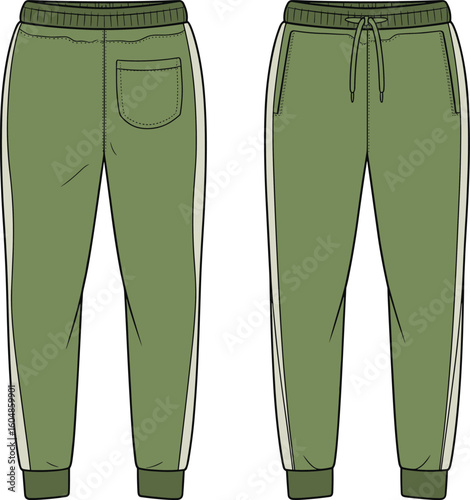 Green jogger pants illustration, side stripe casual wear design, drawstring waist and pocket detail, tapered leg fashion sketch, athletic clothing template, stylish outfit vector