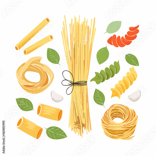 Minimalist hand drawn pasta vector set. Different Mediterranean spaghetti types.