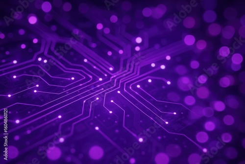 Glowing purple circuit board with intricate pathways and illuminated nodes representing technology