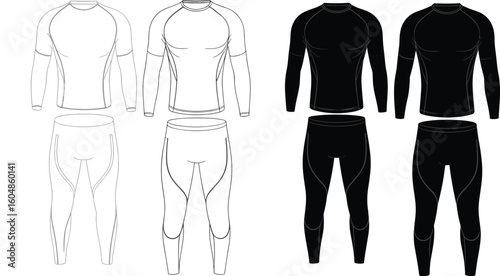 Men’s compression wear illustration, black and white athletic set, long sleeve top and leggings template, workout apparel sketch, fitness clothing concept, sporty fashion artwork
