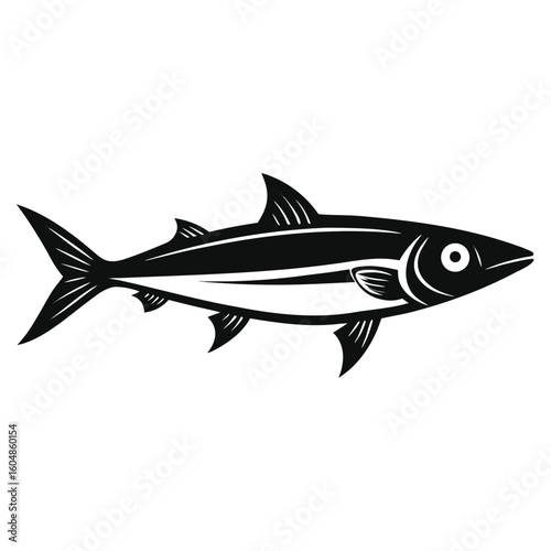 A simple clean silhouette of an anchovy fish rendered as a vector graphic isolated on white background