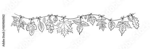 A garland of hanging assorted fall leaves bows. Black and white sketch illustration is hand drawn. Perfect for banners and horizontal elements..