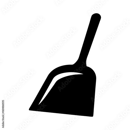 A simple black and white graphic of a dustpan on white background