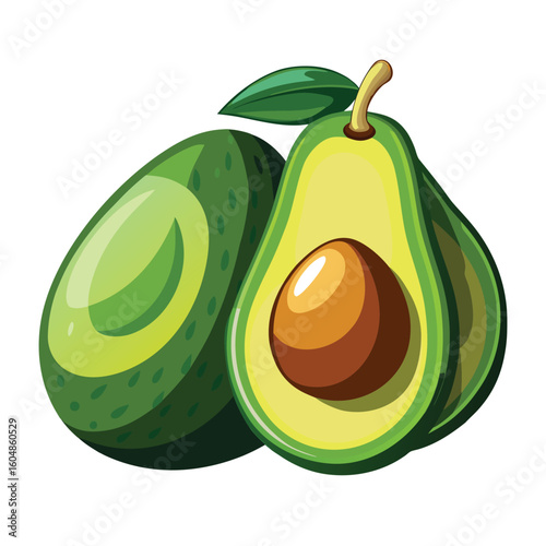 A vibrant illustration of two ripe avocados showcasing their green flesh and textured skin isolated on white background