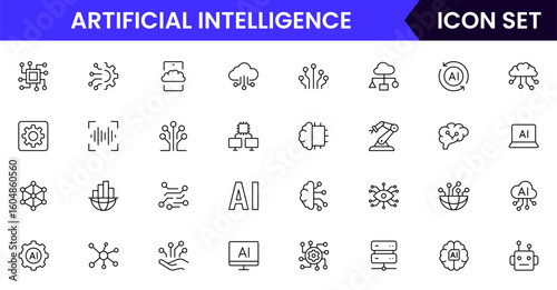Artificial Intelligencevector line icons featuring algorithms, neural networks, data processing, AI models, training, automation, analytics, coding, and technology concepts.
