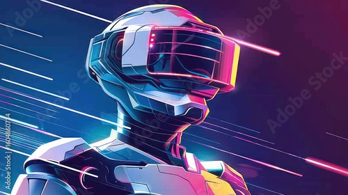 Futuristic robot wearing VR headset in vibrant colors