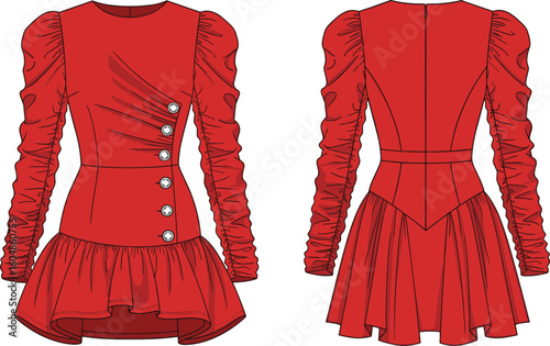 Red dress illustration, ruched sleeve design, button detail fashion template, flared skirt front back view artwork, elegant clothing sketch, stylish women’s apparel concept