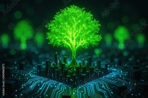 Glowing green tree of life rooted in a futuristic circuit board city