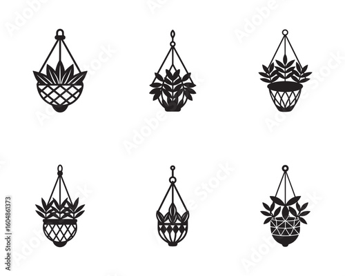 Elegant Black and White Hanging Plant Silhouettes for Interior Design and Home Decor Projects Decorative Plant Illustration