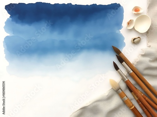 Watercolor Paint Brushes: Capturing artistic process, the image is a harmonious arrangement of watercolor paints, paint brushes, seashells, and canvas, a creative composition of artistry.