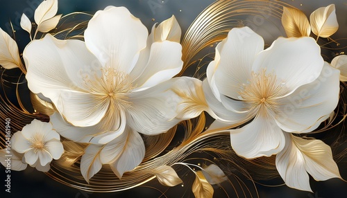 elegant white art deco flowers with gold accents delicate petals and leaves suitable for home decor and art modern art