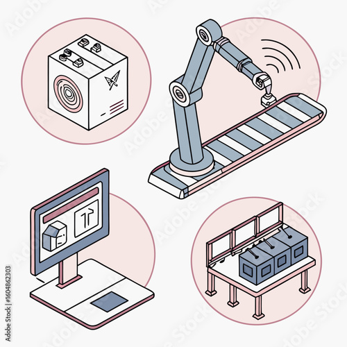 Isometric view of a robot arm, conveyor belt, control panel, display, and automated system setup shown