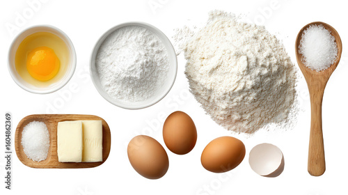 Clean and Simple Baking Ingredients: A flat lay of clean baking ingredients like flour, sugar, and eggs, isolated on a Transparent background, PNG file.