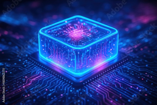 Glowing futuristic circuit cube on a motherboard with neon blue and pink lights