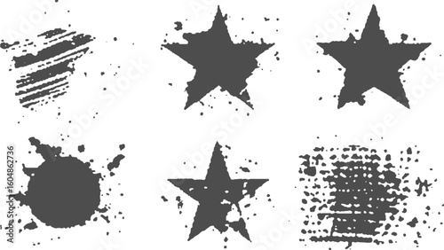 Hand drawn star icons with rough textured edges in black vector style. Black star shapes with grunge ink textures and irregular outlines. 