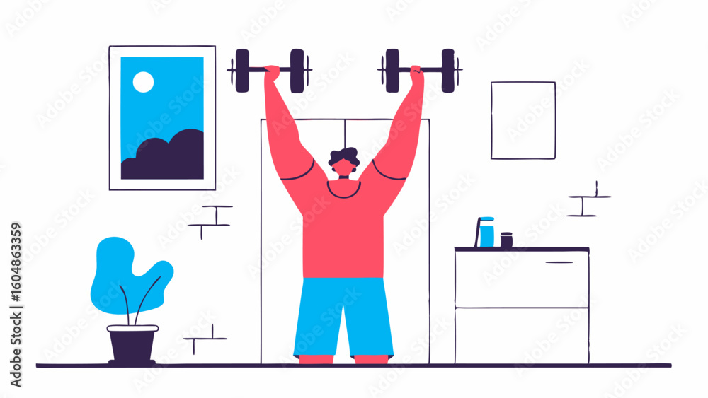 Fototapeta premium Mężczyzna trenujący z hantlami w domu. Koncepcja domowej siłowni, fitnessu i zdrowego stylu życia.