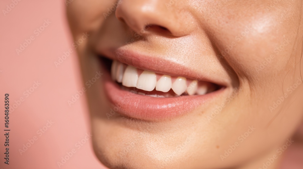 Obraz premium The radiant smile of a young woman against a soft pink background.