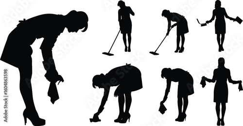 Silhouettes of women performing cleaning tasks, sweeping, dusting, mopping, household chores, black and white domestic work vector illustration design