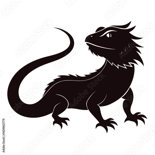 A striking black silhouette of a bearded dragon reptile showcasing its distinctive spiky appearance isolated on white background