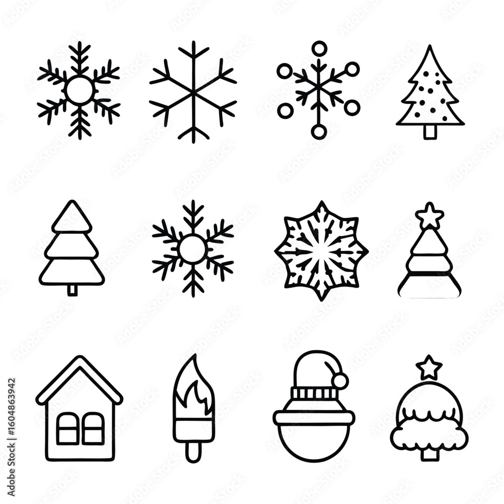 Fototapeta premium Winter Icon Set, Snow, Holiday, Weather & Christmas Line Icons in Minimal Style
