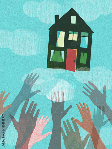 Hands reaching for house in sky