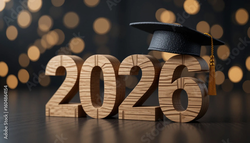 Class of 2026 concept. Wooden number 2026 with graduate hat on dark background with bokeh. 3d render