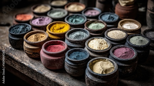 Colorful pigments in small terracotta pots