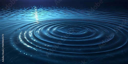 Concentric ripples on dark blue water surface with light reflection. Abstract blue background.