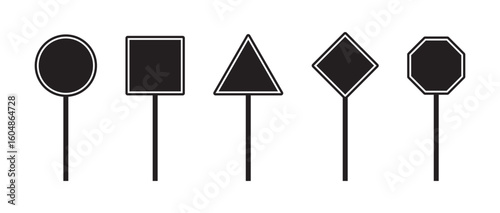 Set of blank road sign shapes including circle, square, triangle, diamond, and octagon on poles, used for traffic signage templates, street signal design, and transportation icons