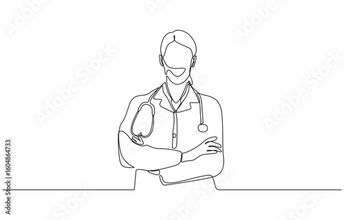 One continuous line drawing female doctor with stethoscope, One line art of health care concept. Editable outline