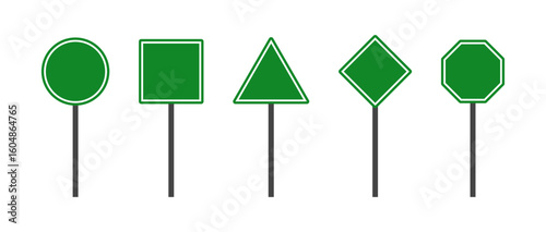 Set of green blank road signs in circle, square, triangle, diamond, and octagon shapes on poles, commonly used as editable traffic signage templates or wayfinding icons