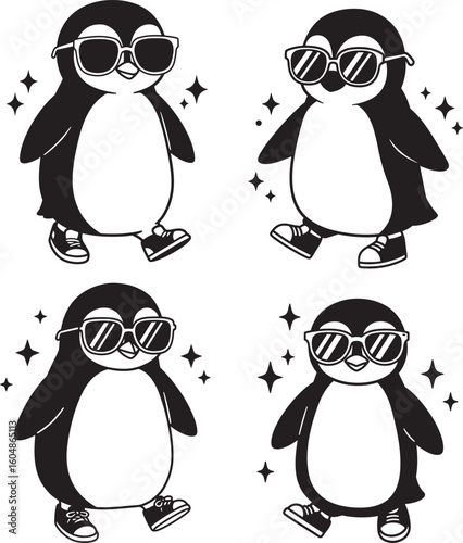Four cool penguins wearing sunglasses silhouette
