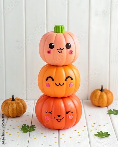Adorable stacked pumpkins with cute faces create a whimsical Halloween mood for festive seasonal celebrations