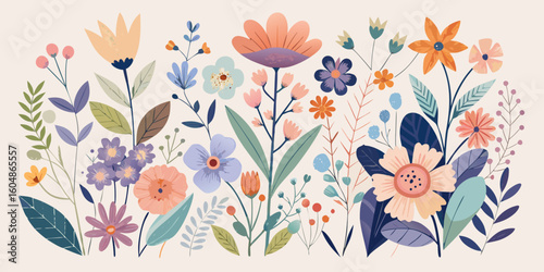 Seamless vector pattern of beautiful pink spring flowers, butterflies, and leaves, perfect for vintage floral summer design illustrations