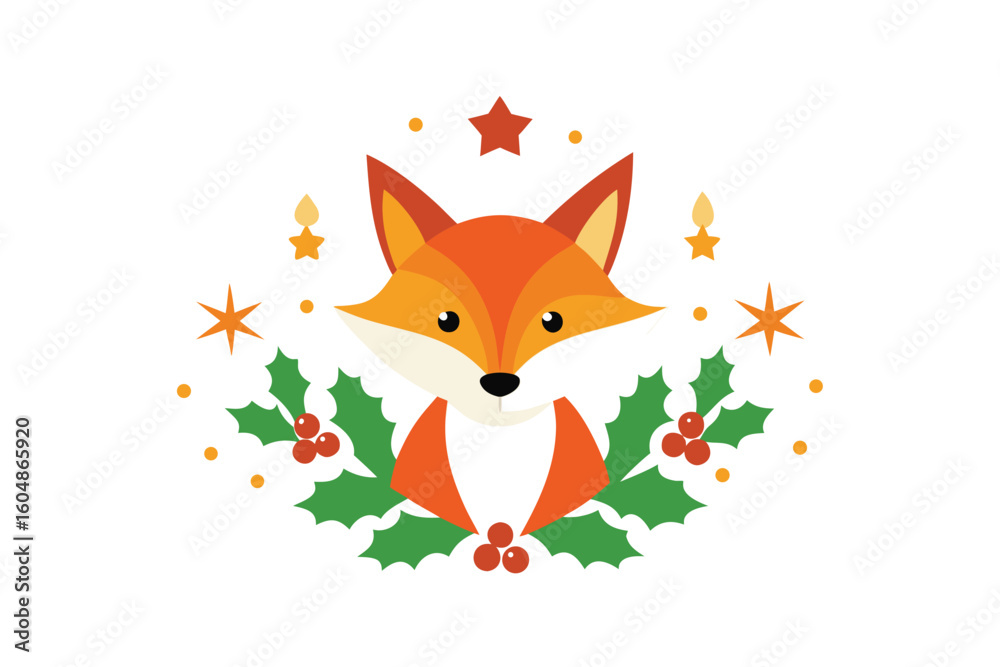 Obraz premium Fox Face Surrounded by Holly Animal Illustration with Festive Botanical Elements