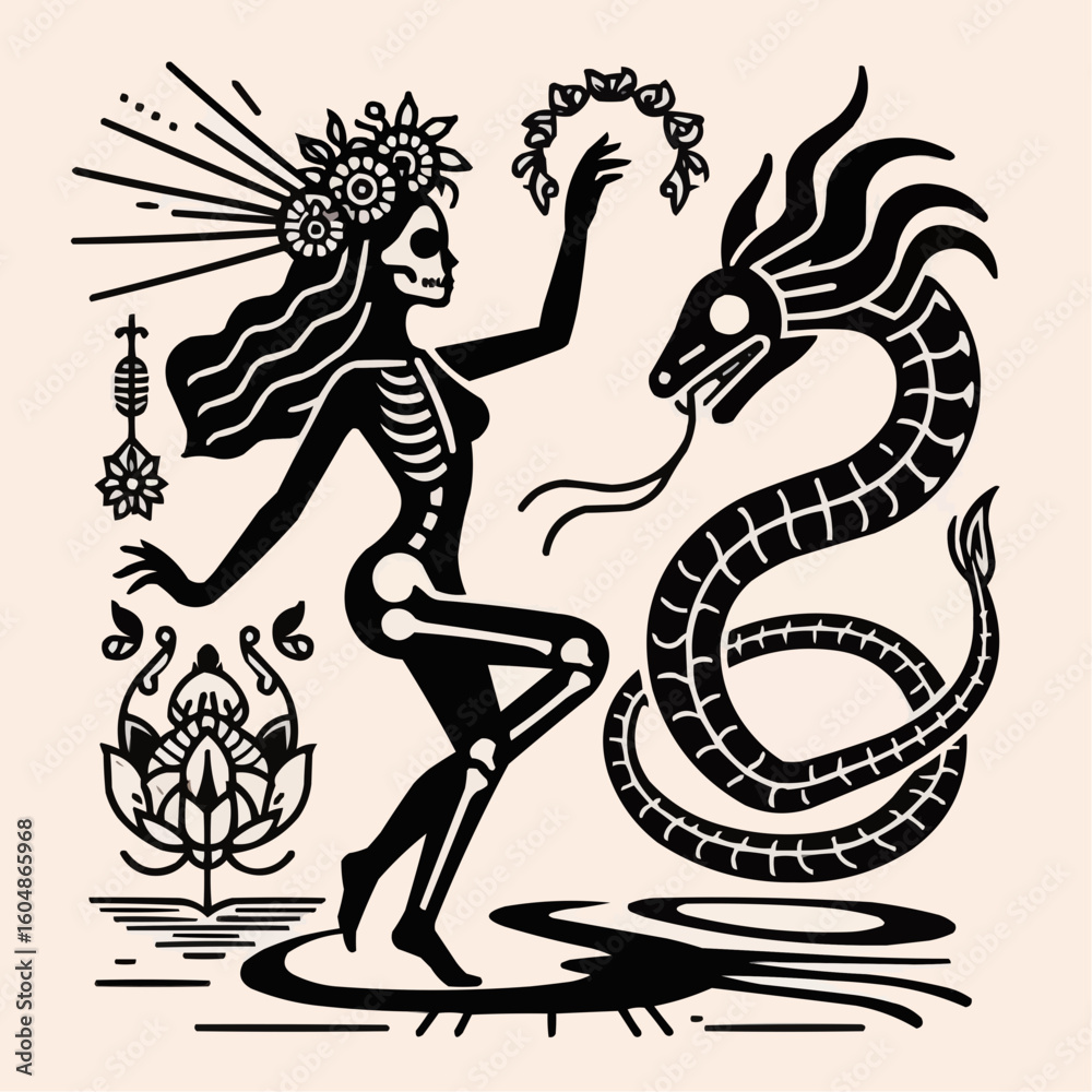 Fototapeta premium Dancing skeleton woman with serpent, mystical mood, artistic illustration, Day of the Dead concept 