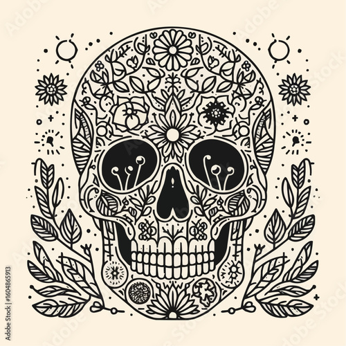 Decorative skull with floral patterns, intricate design, coloring book style, Day of the Dead concept
