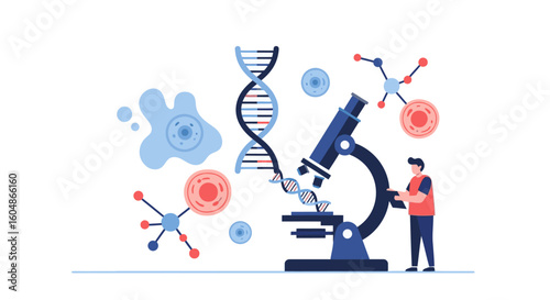 Scientist examines DNA structure with microscope in modern lab, advancing genetic research
