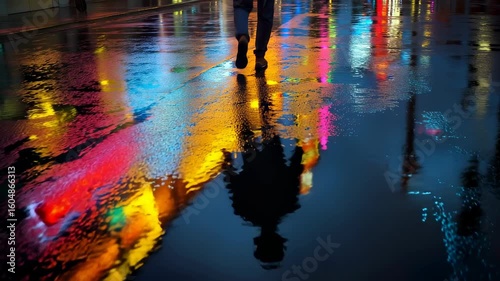 Walking on wet pavement at night with reflections of neon signs and footsteps splashing through puddles.