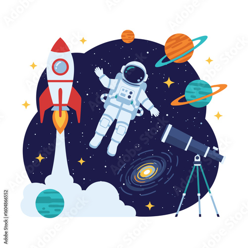 Astronaut explores galaxy with rocket and telescope, dreams of space discovery